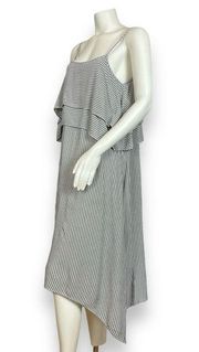 LACAUSA Striped Dress Layered Top Asymmetrical Hemline Rayon Women Gray White