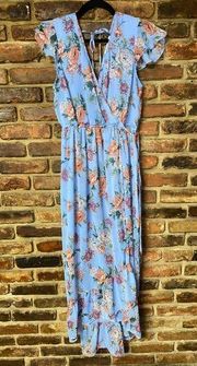 Band of Gypsies Blue Floral Flutter Sleeve Tie Back High Low Maxi Dress Large