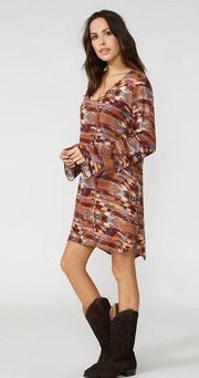 Stetson L Bell Sleeve Dress Aztec Navajo Western Rayon Brown Southwestern Ranch