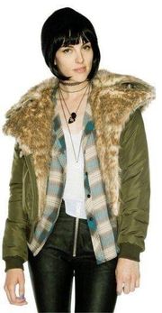 UNIF Bomber Jacket Womens S Olive Green Amelia Faux Fur Collar Grunge Army