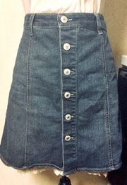 Denim A-Line Mini Skirt: High Rise, Silver Front Buttons, Back Pockets, Sz. 10