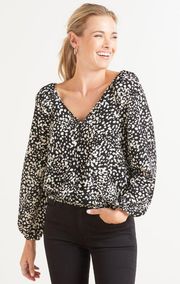 Meadow Black & White Leopard Print V-neck Blouse