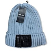 DKNY Fleece Lined Knit Beanie Hat Blue New