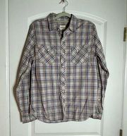 Fossil Gray Blue Plaid Western Pearl Snap Button Down Shirt, Size Medium