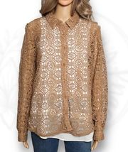 Ultra Pink Womens Crochet Open Lace Blouse Jacket Button Down Tan Size L