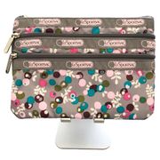 LeSportsac Three Zipper Pouch Cosmetic Bag Gray With Flower Buds