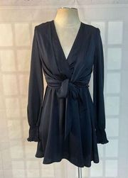 Heartloom navy blue satin long cuffed sleeve mini wrap dress size xs