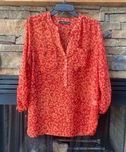 New Apt 9 size L blouse orange red coral front pockets v-neck boho print