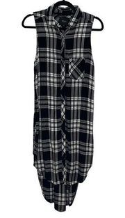 Women's Plaid Flannel OPEN SIDES Dress Medium Long Line Black White SOFT