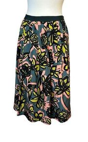 MaxMara Weekend Silk Cotton Floral Print Art Pleated Skirt Green Pink Size 10