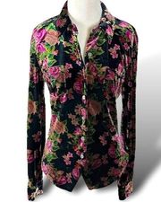 Vintage Y2K Velvet Velour Floral Button Down Shirt Fitted Small Fairy Femme