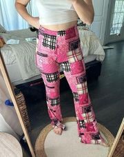 Dolls Kill Kick it With You Flare Pink Patchwork Wide Leg Pants Size Medium Barb