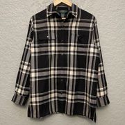 Lauren  Black Plaid Button Down Shirt Jacket 100% Wool