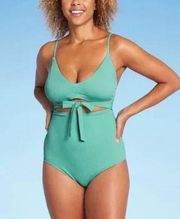 [Shade & Shore] Blue Ribbed Plunge One Piece Cutout Swimsuit NWT Size Large L