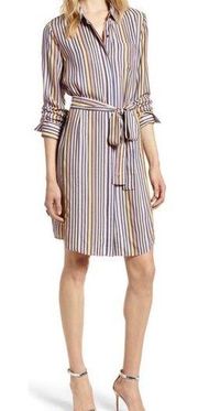 HALOGEN Womens Striped Button Front Long Sleeve Shirt Dress Size M Multicolor