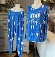 Pajamas Set Blue Penguin Print Ultra Soft Womens Small