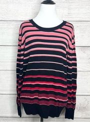 Worthington Pink & Black Striped Long Sleeve Pullover Sweater Top Size Large