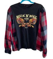 Hard Rock Cafe Rome Reworked Graphic Tee Shirt with Plaid Flannel Arms