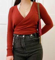 Dark Red V-Neck Long Sleeve Top