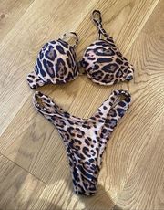 Matte Swim Leopard Print Hi Leg Bikini in Tan & Black