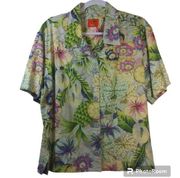 Hearts of Palm Vibrant Tropical Print Short Sleeve Linen Button Up Top Size 14