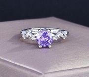 18K White Gold Plated Adjustable Birthstone Purple Crystal Amethyst Ring for Women