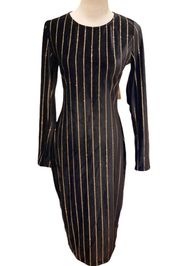 Black Velvet Long Sleeve Dress Gold Metallic Glitter Dress L Open Back