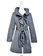 Cynthia Rowley Ruffle Collar Belted Gray Trench Coat Womens Size M NO POCKETS