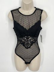 INC Women's NEW Lacey Sheer Cupped Swiss Dot Thong Bodysuit Size S Black