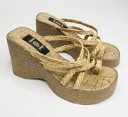 Vintage 90s LEI Strappy Straw Faux Cork Chunky Platform Wedge Toe Sandals