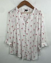 Torrid Harper Flamingo Print Polka Dots Button Down 3/4 Sleeves v neck size 2X