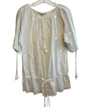 Jill Stuart White Sheer Heart Embroidery Blouse Top Size Small Tassel Drawstring