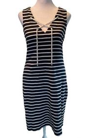 Navy & White Striped Sleeveless Above the Knee V-Neck Cotton Shift Dress