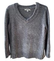 Orvis Chenille Soft Corduroy Ribbed V Neck Cozy Grey Sweater, Size S