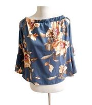 Venus Women's Blue Floral Polyester Off The Shoulder Bell Sleeve Blouse Size 10