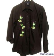 Las Olas Sz M Black Button Shirt Embroidered Cocktails Rhinestones Sequins