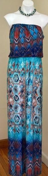 Geometric Orange Blues White tribal Colorful Sun Dress  Maxi SZ 12