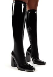 Caryn Black Vinyl Knee High Boots