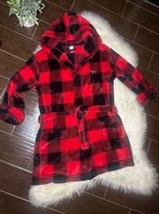 Victoria's Secret Pink Bling Plaid Fleece Hooded Robe Red/Black/Silver Dog XS