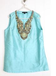 Lafayette 148 100% Silk Teal Beaded V Neck Tunic Blouse Size 8