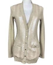 Cache Cardigan Sweater Size Small Gold Sequin Front Button Sparkly Shimmer Party