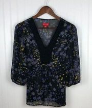 Elle Sheer Floral V-neckline Detailed Sheer Airy Multi Blouse Sz XS