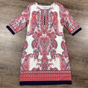 Sandra Darren Sheath Dress 10 Pink Blue White Paisley Knee Length 3/4 Sleeve