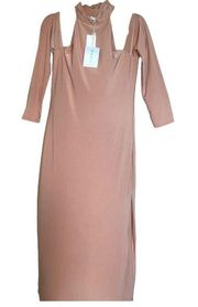 WAYF Twin Flame Nude Cold Shoulder High Neck & Long Sleeve Midi Dress Large NEW