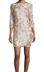 AIDAN AIDAN MATTOX Floral-Embroidered Sequin Dress Cocktail Champagne Size 4