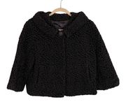 Women's Black Curly Lamb Wool Snap Button Winter Long Sleeve Lined Warm Coat M/L