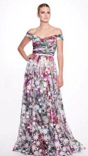 Marchesa Notte Off Shoulder Tulle Floral Gown Dress