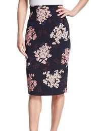 Rebecca Taylor Phlox Floral Pencil Skirt Slit Linen Career Viscose Navy Blue 4