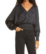 Frame Blouson Sleeve Gathered Pleated Satin V Neckline Top Black Women's Size XL