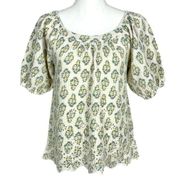 Solitaire Square Neck Short Puff Sleeve Boho Blouse Top Eyelet Detail Size Small